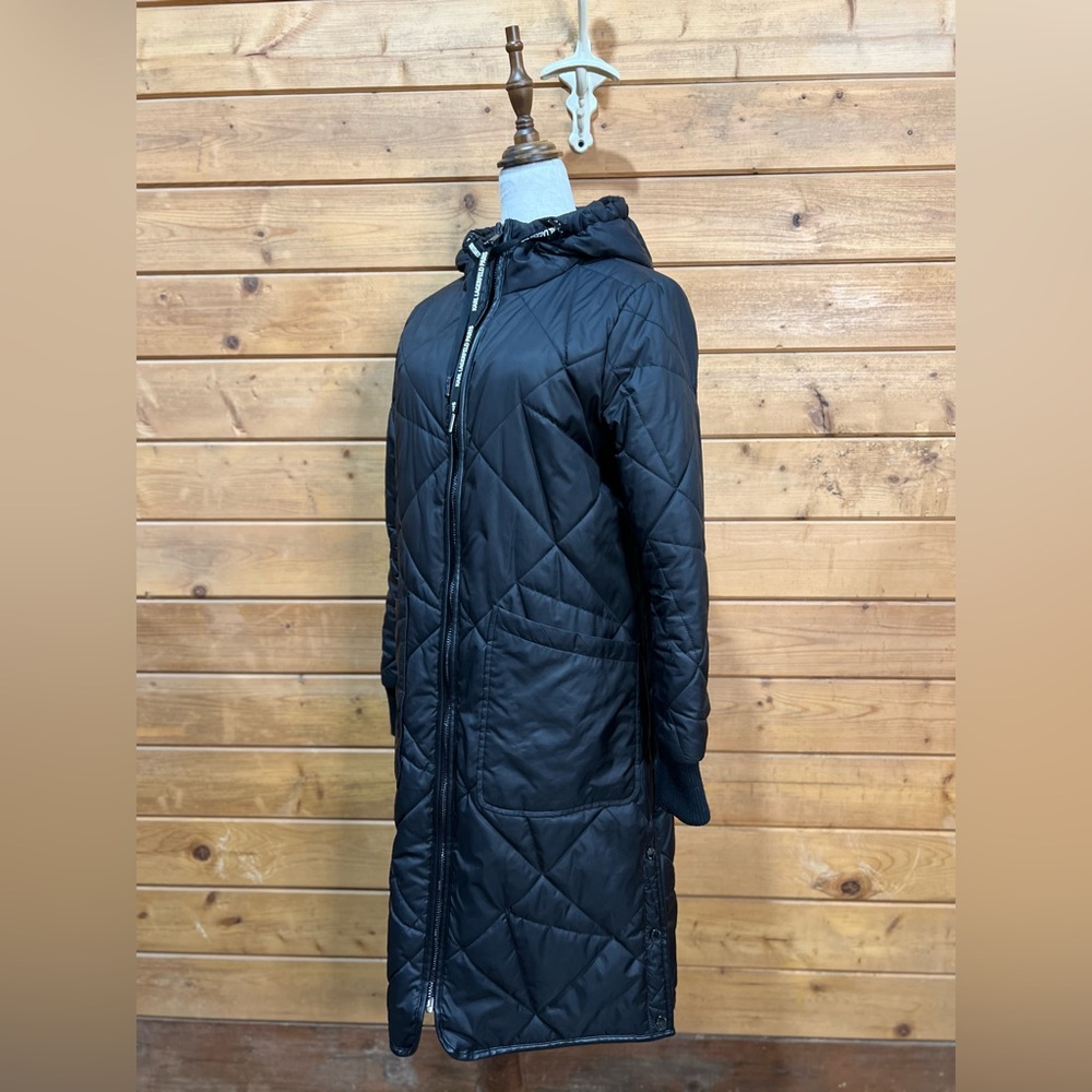 KARL LAGERFELD PARIS Matte Black Long Quilted Puffer Jacket Hooded Size Small